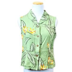 SUNSET COVE 90s Vintage Sleeveless Tropical Green Blouse PETITE LARGE Coconut